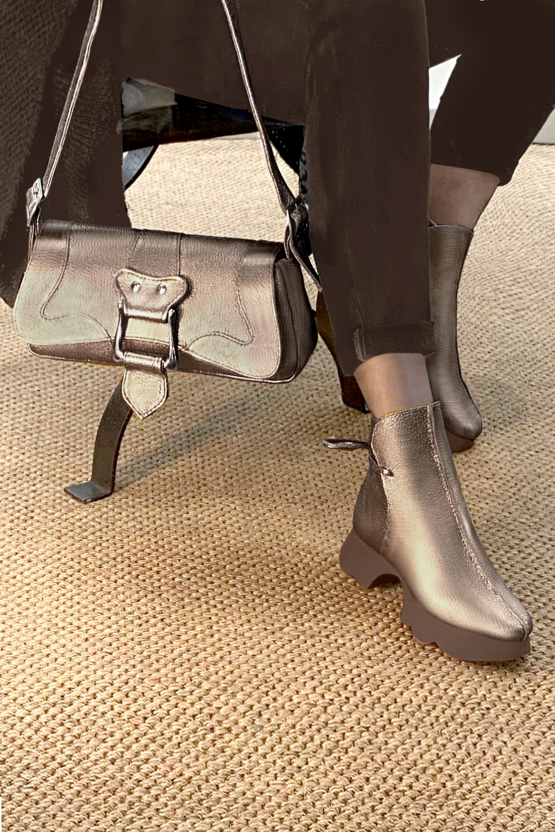 Bronze beige women's ankle boots with laces at the back. Round toe. Low rubber soles. Top view - Florence KOOIJMAN